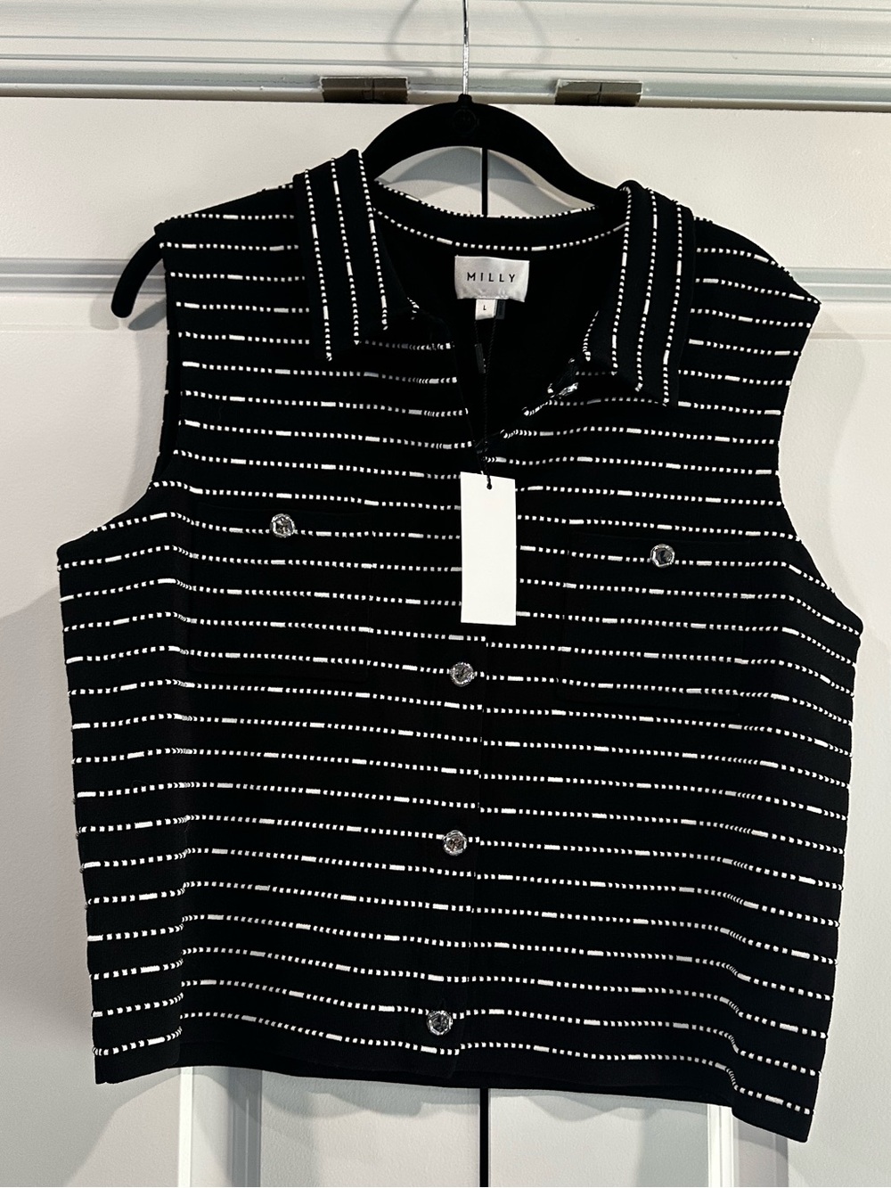 Milly Black Sleeveless Button-Front Knit Top with White Dotted Stripes - NWT